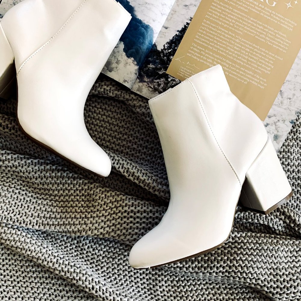NEW🔥 White Closed Toe Ankle Booties Boot Chunky Block Heel W/ Zipper - Picture 3 of 7